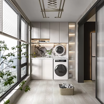 Modern Home Balcony Design With Washing Machine Dryer Storage Cabinets And Green Plants 3d model
