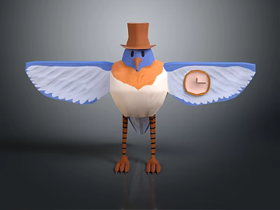 Cartoon Flying Bird Wearing Brown Top Hat with Blue Wings Clock Design and Striped Legs 3d model