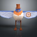 Cartoon Flying Bird Wearing Brown Top Hat with Blue Wings Clock Design and Striped Legs