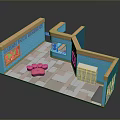 Modern Pet Grooming Shop With Blue Walls Pink Paw Print Seats Gray Lockers Tile Floor