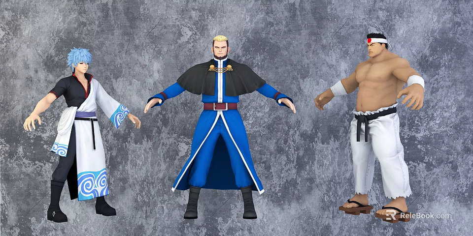 Game And Movie Characters In Blue Robe White Kimono And Muscular Fighter Costumes 3d model 