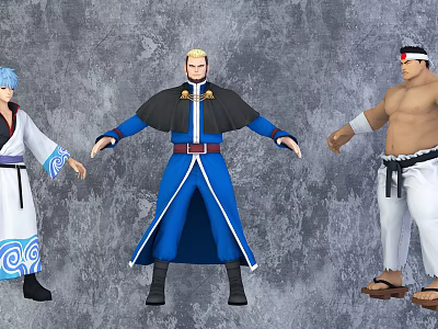 Game And Movie Characters In Blue Robe White Kimono And Muscular Fighter Costumes 3d model
