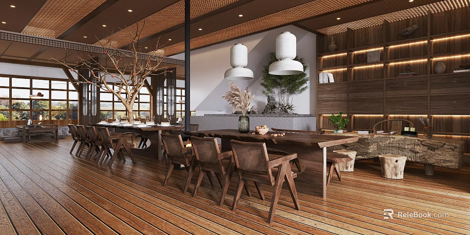 Natural Wooden Restaurant Interior With Long Dining Table Chairs White Pendant Lights And Green Plants 3d model 