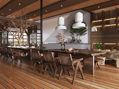Natural Wooden Restaurant Interior With Long Dining Table Chairs White Pendant Lights And Green Plants 3d model