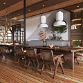 Natural Wooden Restaurant Interior With Long Dining Table Chairs White Pendant Lights And Green Plants