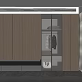 Modern Wardrobe Interior With Wooden Panels Glass Door Section And Hanging Clothes Storage