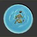 Icy Blue Circular Water Area With Small Island Tower Palm Trees And Rocks