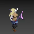 Woman with blonde hair wearing brown top and blue shorts with purple pink tail