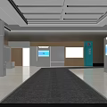 Modern Hall Interior With Gray Carpet White And Wooden Walls Blue Equipment And Screens