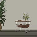Modern Wooden Side Table with Metal Frame Wheels Vase and Flowers in Minimalist Interior Home