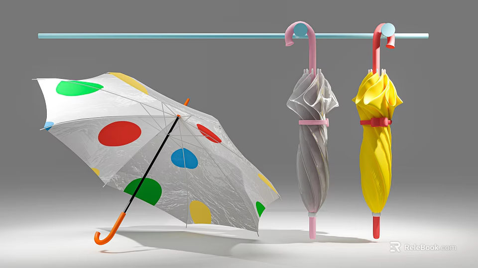 Colorful Polka Dot Umbrella Ornament Set With Hanging Gray Yellow Umbrellas On Blue Rod 3d model 