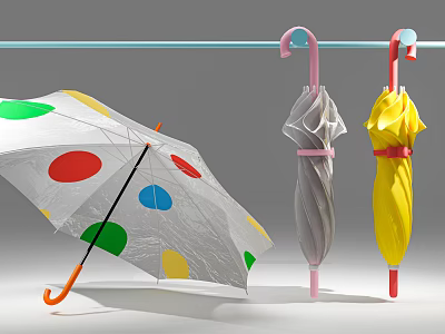 Colorful Polka Dot Umbrella Ornament Set With Hanging Gray Yellow Umbrellas On Blue Rod 3d model