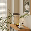 Wooden Entryway Cabinet Sideboard With Table Lamp Fruits Vase Magazines Plates And Rattan Chair