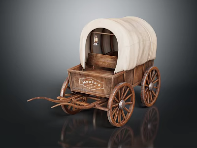 Vintage Wooden Covered Wagon With White Canvas Top And Metal Rim Wheels 3d model