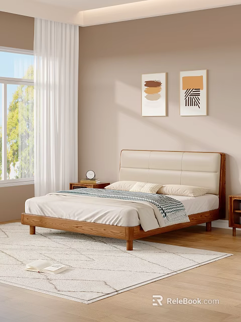 Modern Wooden Double Bed With Beige Upholstered Headboard Nightstands And Decorative Paintings 3d model 