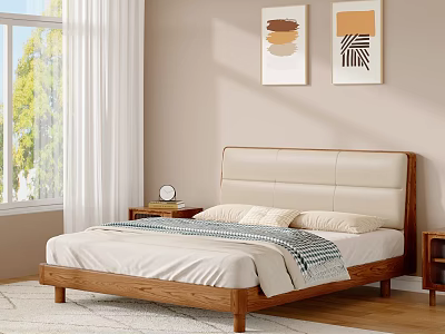 Modern Wooden Double Bed With Beige Upholstered Headboard Nightstands And Decorative Paintings 3d model
