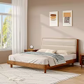 Modern Wooden Double Bed With Beige Upholstered Headboard Nightstands And Decorative Paintings