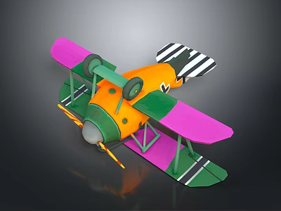 Colorful Cosmic Biplane Aircraft Model With Orange Green Pink And Black White Stripes 3d model