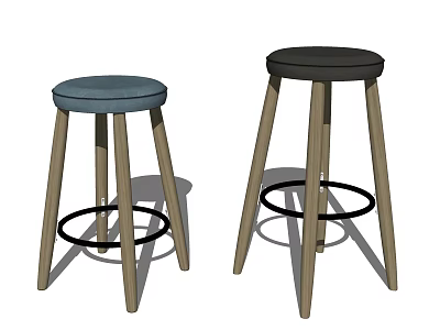 Modern Bar Stools With Blue And Black Seats Wooden Legs And Footrests 3d model