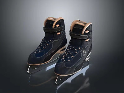 Navy Blue Leather Ice Skates With Tan Lining And Steel Blades For Daily Use 3d model