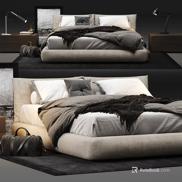 Modern Double Bed Interior With Soft Bedding Gray Blanket And Decorative Pillows 3d model 
