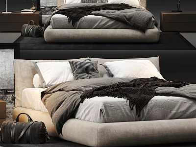 Modern Double Bed Interior With Soft Bedding Gray Blanket And Decorative Pillows 3d model