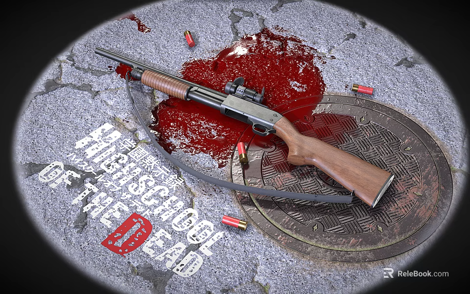 Vintage Wooden Stock Shotgun With Blood Stains And Scattered Bullets On Textured Ground 3d model 