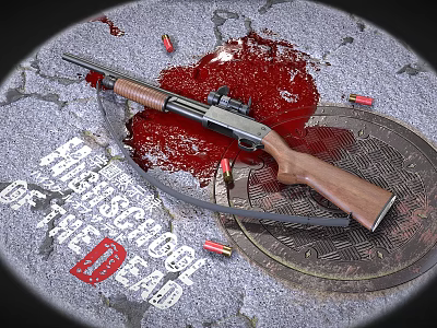 Vintage Wooden Stock Shotgun With Blood Stains And Scattered Bullets On Textured Ground 3d model