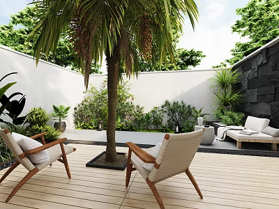 Courtyard Garden With Wooden Deck Palm Tree Lounge Chairs And Green Plants 3d model