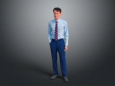 Man In Light Blue Shirt With Striped Tie And Pinstriped Trousers Standing Pose 3d model
