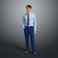 Man In Light Blue Shirt With Striped Tie And Pinstriped Trousers Standing Pose