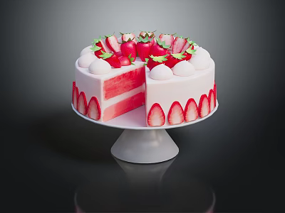 Layered Strawberry Cake With White Cream And Fresh Strawberry Decorations On White Stand 3d model