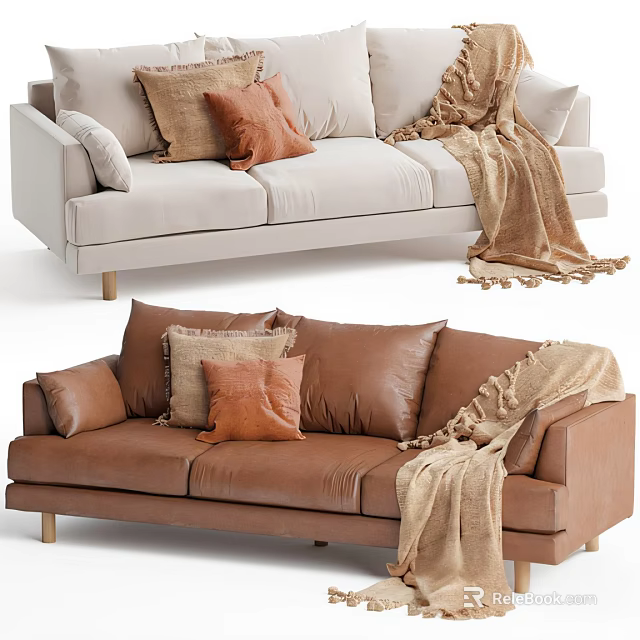 Modern Light Colored Upholstered And Brown Leather Sectional Sofas With Decorative Pillows And Throw Blankets 3d model