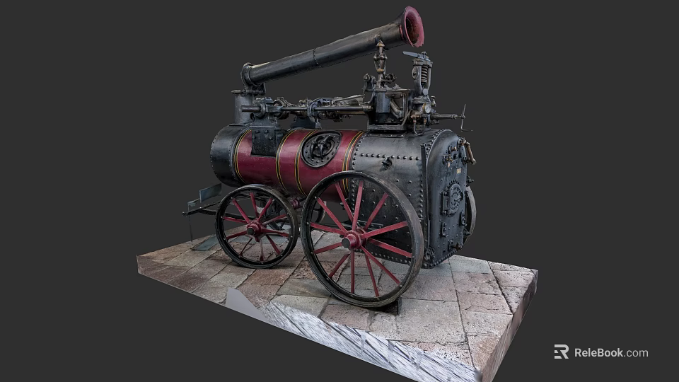 Vintage Steam Train Model With Black Red Exterior And Large Red Wheels On Stone Base 3d model 