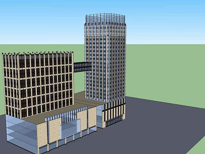 Tall Modern Hotel Building Complex With Glass Curtain Wall Connecting Bridge And Bottom Podium 3d model