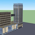 Tall Modern Hotel Building Complex With Glass Curtain Wall Connecting Bridge And Bottom Podium