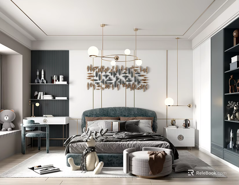 Modern Bedroom Interior With Velvet Headboard Geometric Wall Art Gold Pendant Lights And Ottoman 3d model 