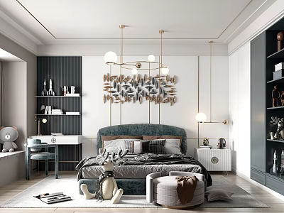 Modern Bedroom Interior With Velvet Headboard Geometric Wall Art Gold Pendant Lights And Ottoman 3d model