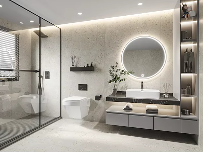 Modern Bathroom Design With Glass Shower Round Mirror Wall Hung Toilet And Vanity Cabinet 3d model