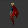 Blonde Female Superhero In Blue Costume With Red Cape Dynamic Pose Dark Background
