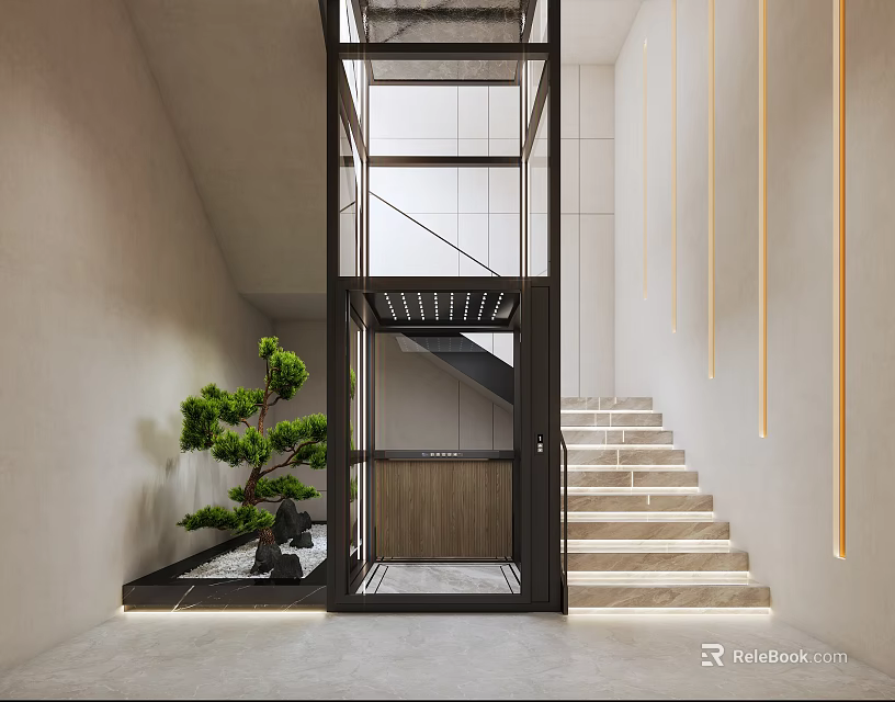 Modern Interior Space With Glass Elevator White Stone Stairs Green Plant And Strip Lights 3d model 