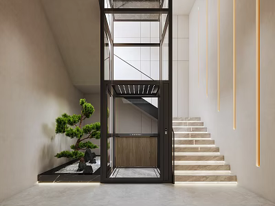 Modern Interior Space With Glass Elevator White Stone Stairs Green Plant And Strip Lights 3d model