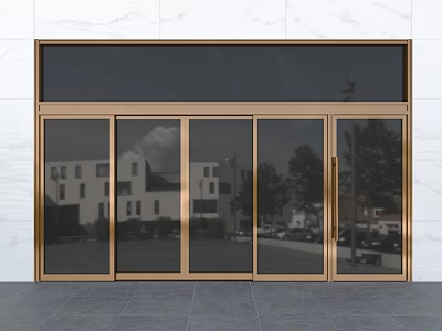 Gold Frame Glass Panels Entrance Door With Marble Wall And Reflections Of Buildings Trees Vehicles 3d model