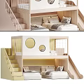 Kids Wooden Bunk Bed with Stairs Slide and Round Windows Soft Pillows and Comfortable Mattress