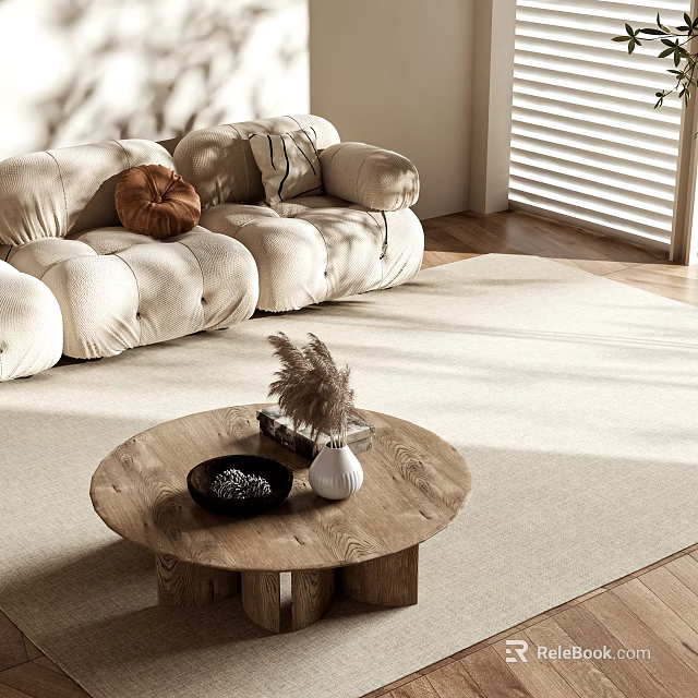 Round Wooden Coffee Table With Decorative Vase On Light Rug In Bright Living Room With Sofa 3d model 