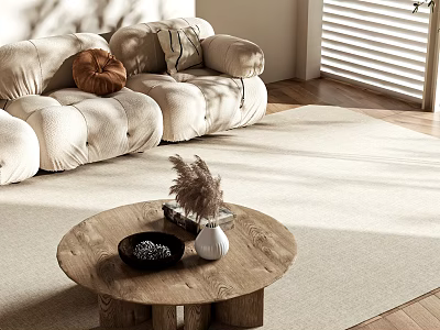 Round Wooden Coffee Table With Decorative Vase On Light Rug In Bright Living Room With Sofa 3d model