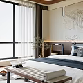 Modern Bedroom Interior With Landscape Painting Wall Large Bed Area Rug And Window