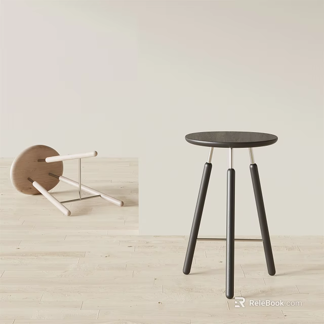 Light Wooden And Dark Colored Bar Stools With Round Seats And Crossed Three Legs Design 3d model 