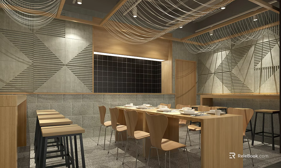 Contemporary Restaurant Interior Design With Long Wooden Tables And Geometric Wall Patterns 3d model 