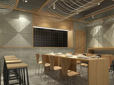 Contemporary Restaurant Interior Design With Long Wooden Tables And Geometric Wall Patterns 3d model